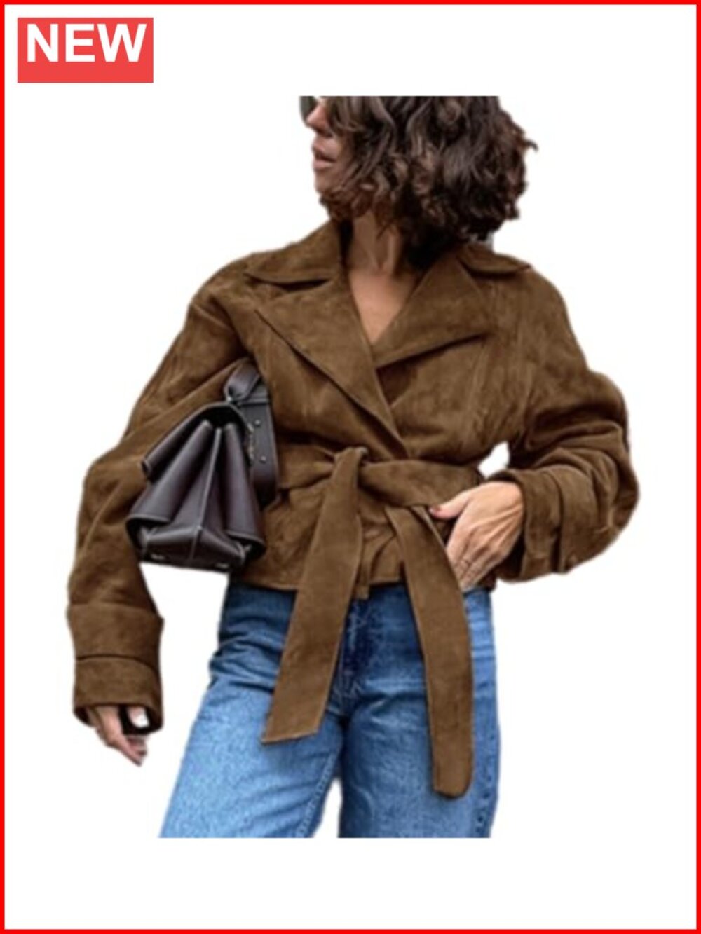 Faux Suede Jacket Women Brown Belted Long Sleeve Lapel Button Down Cropped